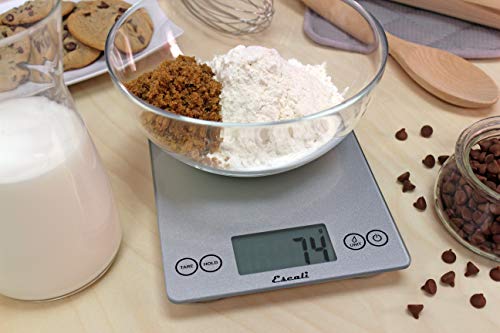 Escali Arti Glass Food Scale Digital Countertop Kitchen, Baking and Cooking Scale with Nutrition and Calorie Counter, 15-Pound Capacity, 9" x 6.5" x .75", Shiny Silver Escali
