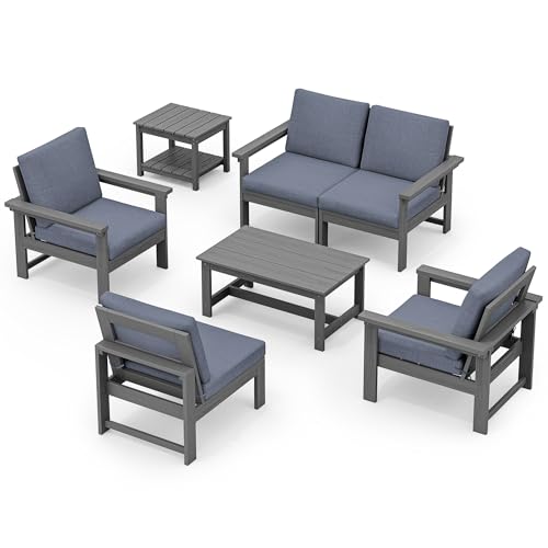 SERWALL HDPE Patio Furniture Set, 7-Piece Outdoor Sectional Sofa Set, All Weather Outdoor Couch Set for Deck, Lawn, Grey Frame with Grey Cushion SERWALL
