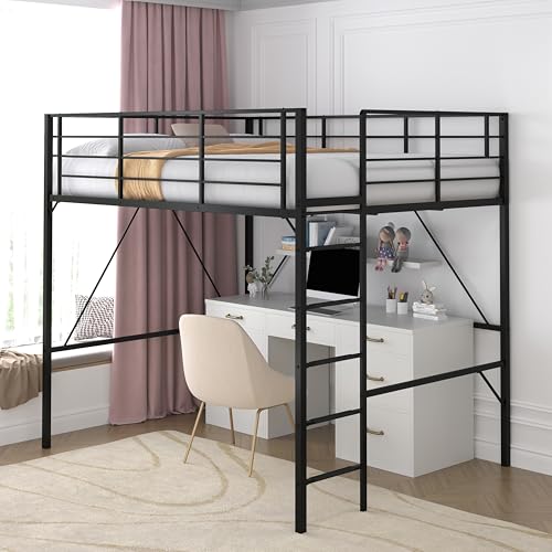 Realhotan 75Inch Queen Loft Bed with Ladder and High Guardrail, No Box Spring Required,Space-Saving,No Sagging Metal Slat Support Heavy Duty Bedframe, Black Realhotan