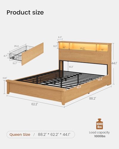 VIAGDO Wood Bed Frame Queen Size with 4 Storage Drawers & Bookcase Headboard, Led Wooden Queen Bed Frame with Charging Station,No Box Spring Needed,Wood VIAGDO