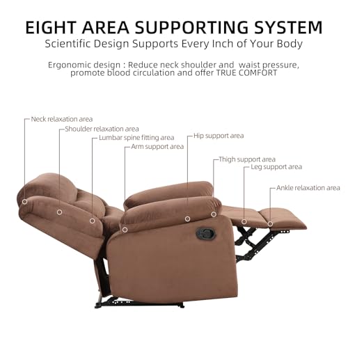 IOMOR Manual Recliner Chair with Overstuffed Arm and Extra-Padded Back, Breathable Fabric Reclining Chair for Adults, Single Sofa for Living Room, Bedroom (Fabric Brown)