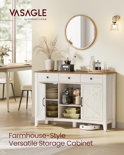 VASAGLE LIRY Collection - Buffet Cabinet, Coffee Bar Cabinet with 3 Drawers, Adjustable Shelves, Sideboard Storage with Cable Holes, Drawer Dividers, Rustic White and Honey Brown UBBK371W01V1 VASAGLE