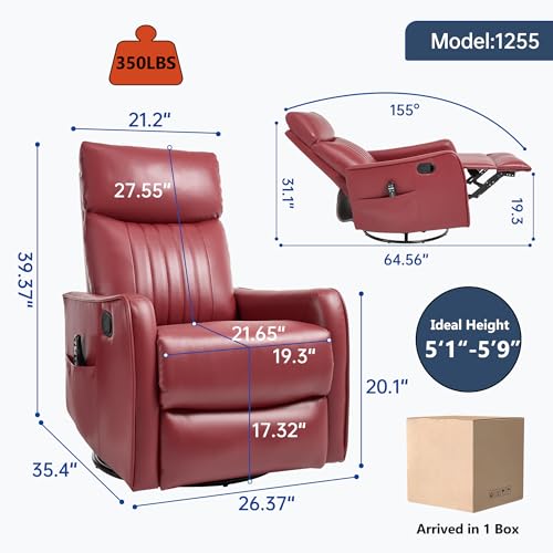 High Back Massage Recliner with Heat - Swivel Rocking Chair for Small Spaces, Manual Lazy Boy Recliner for Adults, Perfect for Living Room & Bedroom, Soft Fabric (Red)