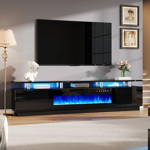 AMERLIFE 90" High Gloss 2 Tier TV Stand with 50" Electric Fireplace, Modern Luxury Large Entertainment Center/w LED Lights, Media Console Table Storage Cabinet for TVs Up to 100", Living Room, Black AMERLIFE