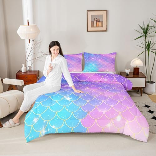 Feelyou Mermaid Scales Comforter Fish Scales Print Comforter Set for Girls Ocean Marine Themed Nature Bedding Set Purple Blue Room Decor Twin Size Duvet Set 2Pcs Boys Feelyou