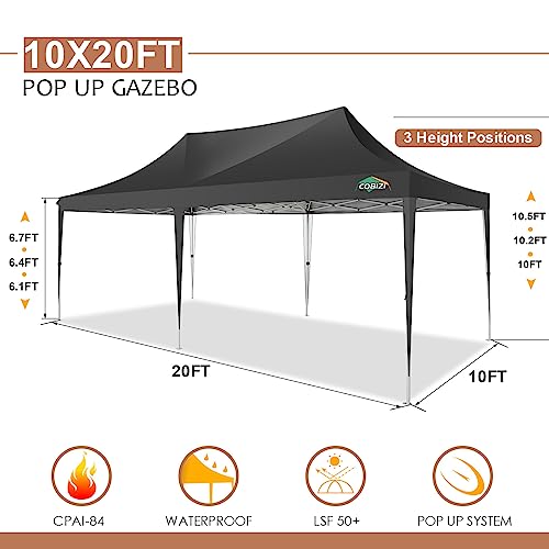 COBIZI 10x20 Pop Up Canopy Tent with Sidewalls,Party Tent Outdoor Gazebos, Waterproof & UV50+,3 Adjustable Heights,Higher Frame Design - Extra Tall for Parties Backyard,Weddings,Markets,Black COBIZI