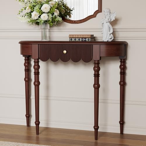 Etelifrank Solid Wood Console Table with Drawer – Dark Walnut Entryway Table with Scalloped Edge and Straight Legs, Narrow Accent Sofa Table for Living Room or Hallway(Dark Walnut) Etelifrank