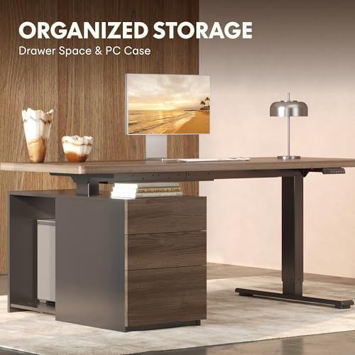 FLEXISPOT 71" Executive Standing Desk with Drawers & PC Case, Secretary Desk with Dual Motor Lift, 222 LBS Capacity, 1" Thick Desktop, Ideal for Home Office Workstation, Black Walnut, 3 Packages FLEXISPOT