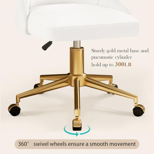 VECELO Velvet Vanity Desk Chair with Height-Adjustable for Office Living Room Bedroom Make Up Study, 360°Swivel, Wheeled Gold Base, White VECELO