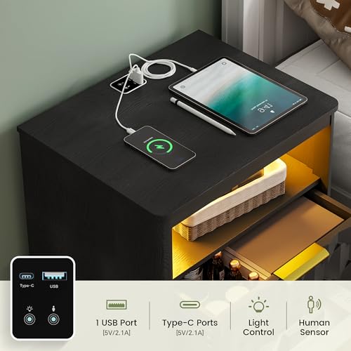 Gurexl 3-Color LED Night Stands Set of 2, Modern Nightstand with Charging Station&Human Body Sensing, 2-Drawer Wood Bedside Table for Bedroom,Black Gurexl