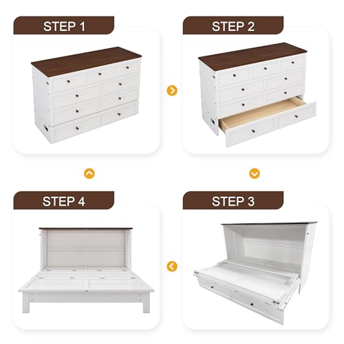 Merax Modern Farmhouse Solid Wood Murphy Bed Chest/Space Saving/Wood Slat Support/Queen,White+Walnut Merax