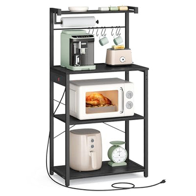 VASAGLE Kitchen Bakers Rack with Power Outlet, Coffee Bar 4-Tier with 8 S Hooks, Microwave Stand, Adjustable Shelf, for Small Spaces, Charcoal Gray and Ink Black UKKS014B01V1