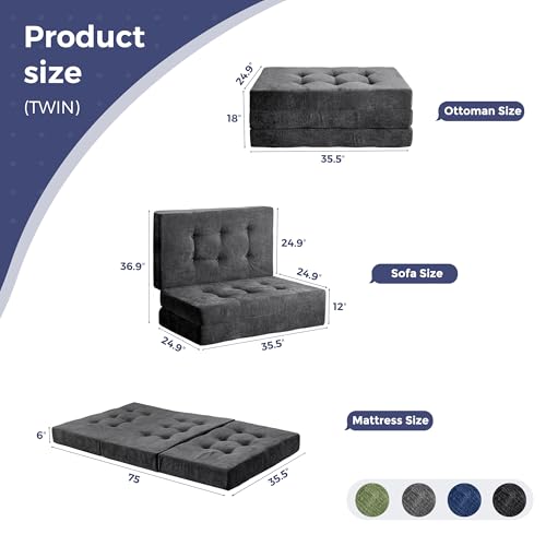 MAXYOYO Tri-Fold Mattress, 6 Inch Tufted Folding Mattress with Chenille Fabric, Portable Twin Size Floor Guest Mat for Adults, Foldable Topper for Camping, Dark Grey, 35.4"x75" MAXYOYO