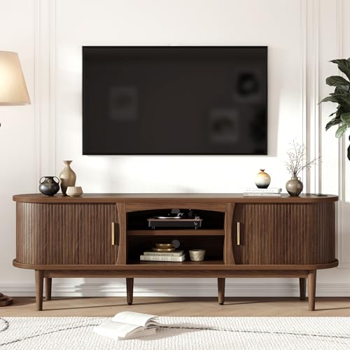 Decofy Mid Century TV Stand for TVs up to 80 Inches, Entertainment Center with Storage, Power Outlet, Fluted Sliding Doors & Adjustable Shelves, Modern Media TV Console Table for Living Room (Walnut) Decofy