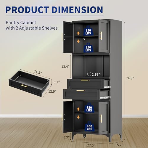 ZLBRDS 75” Tall Kitchen Pantry Storage Cabinet, Metal Storage Cabinet with 2 Drawers and Adjustable Shelves, Kitchen Pantry Cupboard, Freestanding Cupboard for Bathroom, Living Room(Black) ZLBRDS