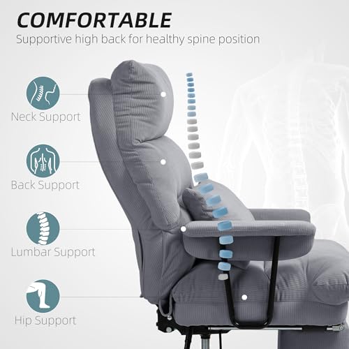 HOMCOM Large Overstuffed Office Chair with Lumbar Support, High Back Reclining Executive Corduroy Computer Desk Chair with Footrest, Swivel Wheels, Gray HOMCOM