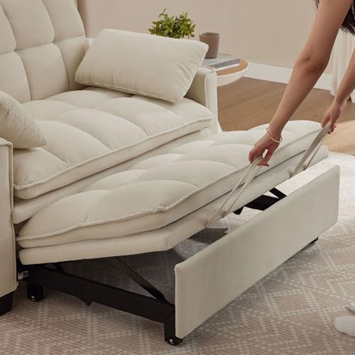 Portaforta Sleeper Sofa with Pull Out Couch Bed, 48" Convertible Pull-Out Sofa Bed Chair, 3-in-1 Futon Couch with Reclining Backrest and Side Pockets for Living Room Bedroom Apartment, Beige Portaforta