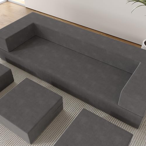 Vivaadecor Floor Sofa Bed, Queen Velvet Folding Sofa Couch with 3 Ottomans, Sleeper Foam Couch with Removable Cover, Futon Convertible Sofa Bed for Living Room/Guest/Play Room/Office/Dorm(Dark Grey) Vivaadecor