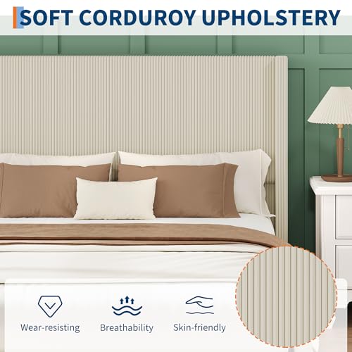 GarveeHome Queen Size Bed Frame with Storage Drawers, Corduroy Upholstered Platform Bed with Wingback and Tufted Headboard, No Box Spring Needed, Beige GarveeHome