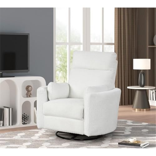 Pemberly Row Modern Chenille Fabric Swivel Recliner, Upholstered Seating Chair with Swivel Reclining Operation for Interior Seating Placement, Chenille Fabric in Oyster White Finish