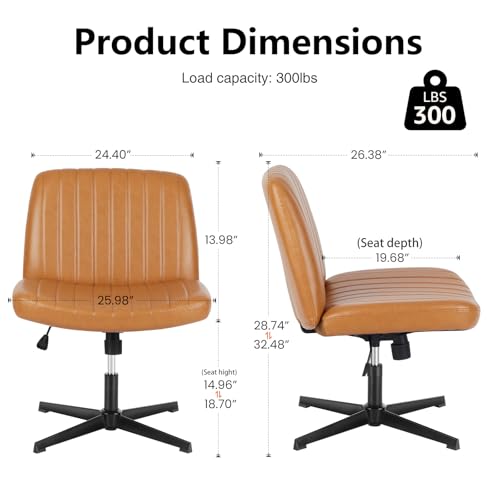 Sweetcrispy Criss Cross Chair Legged, Armless Office Wide Desk Chair No Wheels, PU Leather Swivel Vanity Height Adjustable Fabric Modern Computer Task Seating for Home - Brown Sweetcrispy