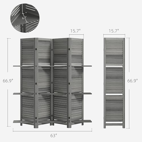 HOMCOM Room Divider, 4 Panel 67" Tall Wood Privacy Screen with 3 Display Shelves, and Folding Storage for Bedroom or Home Office, Gray HOMCOM