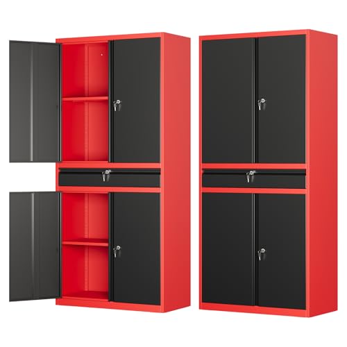 LISSIMO Metal Garage Storage Cabinet with Locking Doors and Drawer, 71" Steel Tool Storage Cabinet with Adjustable Shelves for Garage,Office,Warehouse (Red Black) LISSIMO