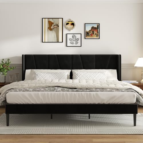 Sismplly King Bed Frame with Headboard, Velvet Upholstered King Size Platform Bed with Wingback, Mattress Foundation with Wooden Slat Support, No Box Spring Needed, Easy Assembly, Noise Free, Black Sismplly