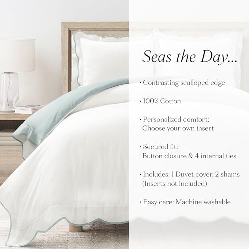 Lush Decor Coastal Chic Scalloped Edge Cotton Duvet Cover Set, 3 Piece Set, Full/Queen, Blue & White - Queen Bedding Set - White Duvet Cover Queen - Coastal Decor Lush Decor