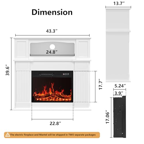 BOSSIN 43" Electric Fireplace with Mantel, 14-Color LED Light Strip, 23 inch Insert, Freestanding TV Stand with Heater, Wooden Surround, Faux Log & LED Flames, Remote Control, 750W/1500W, White BOSSIN
