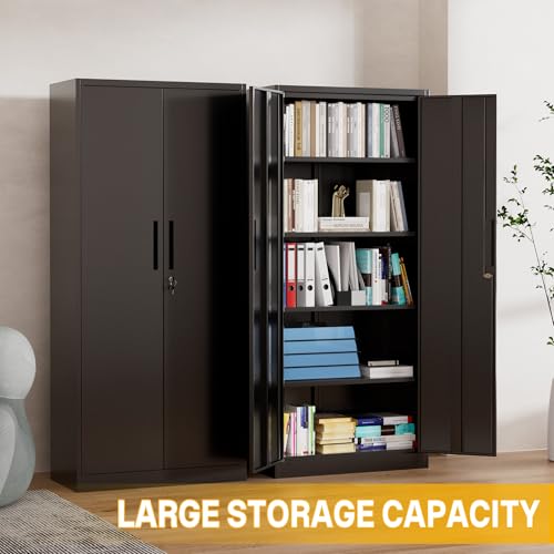 Reegangfa Metal Storage Cabinet with 2 Doors and 4 Adjustable Shelves, 71" Garage Storage Cabinet with Anti-Tipping Design, Lockable Garage Cabinets for Office, Home, Garage, Gym, School Reegangfa