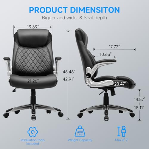 GTPLAYER Big and Tall High Back Office Chair 400LBS Wide Leather Executive Chair Height Adjustable Lumbar Support & Armrests, Comfy Desk Gaming Chairs Computer Swivel Chair, Black GTPLAYER