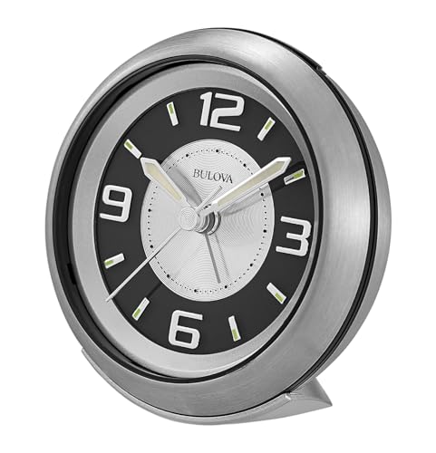 Bulova - 3.75" W x 3.75" H B5027 Lite Night Alarm Clock | Brushed Silver-Tone Case | Illuminated Dial | Luminous Hands | Quiet Sweep | Snooze Function Bulova