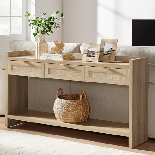 SICOTAS Rattan Console Table for Entryway - Large Boho TV Console Table Entry Table with 3 Storage Drawers, 60" Long Sofa Table Behind Couch for Living Room, Hallway, Foyer SICOTAS