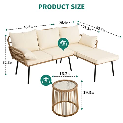 YITAHOME 3 Pieces Patio Furniture Set, Outdoor Wicker Conversation Sectional L-Shaped Sofa with 4 Seater for Backyard, Porch, Boho Detachable Lounger with Cushions and Coffee Table - Beige YITAHOME