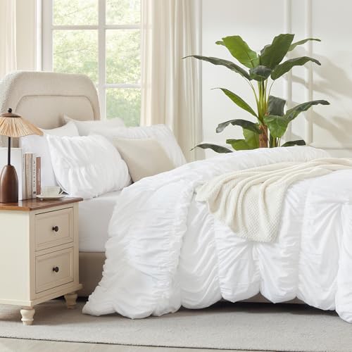 Andency Ruched White Full Size Comforter Sets, Shabby Chic Pleatd Bedding Sets 3 Pieces, Lightweight Soft Boho Ruffle Bed Set for Girls, Kids, Women, All Season Andency