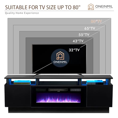 oneinmil 70" Modern Electric Fireplace TV Stand for TVs Up to 80 inch, with Electronic Flame and LED Lights, Luxury High Gloss Finish Entertainment Center, TV Console Cabinet for Living Room, Black oneinmil