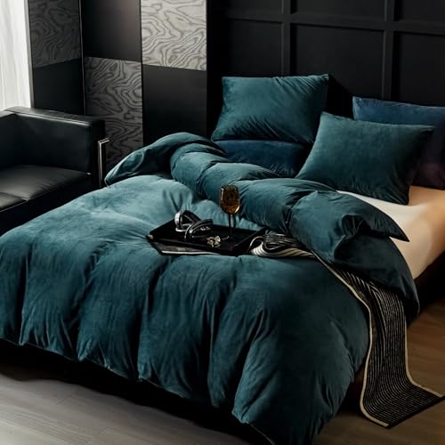 WARMDERN Peacock Blue Flannel Velvet Duvet Cover King Size Duvet Cover Bedding Sets, 3pcs Ultra Soft Luxury Textured Modern Crystal Velvet Duvet Covers with Zipper Closure(Peacock Blue, King) WARMDERN