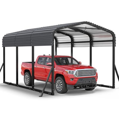 Jocoevol 10x15FT Metal Carport, Heavy Duty Car Garage w/Reinforced Support Rods and Windproof Ground Anchors, All-Weather Multi-Use Outdoor Shelter for Car, Boats and Truck