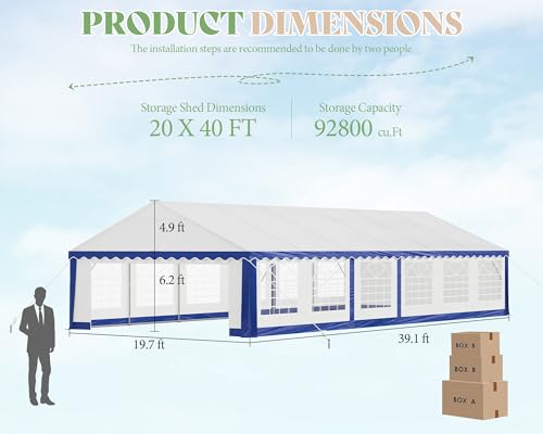 AMERLIFE 20 x 40 FT Party Tent with Rolled Sidewalls, Heavy Duty Wedding Tent for Party Outside with Zinc Alloy Tube & Spiral Stakes, Waterproof Event Shelters, White & Blue AMERLIFE