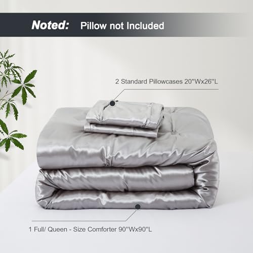 Lanest Housing Full/Queen Size Satin Comforter Set Grey, 3 Pieces Soft and Lightweight Silk Bedding, All Season Fluffy Down Alternative Comforter Bed Set Lanest Housing