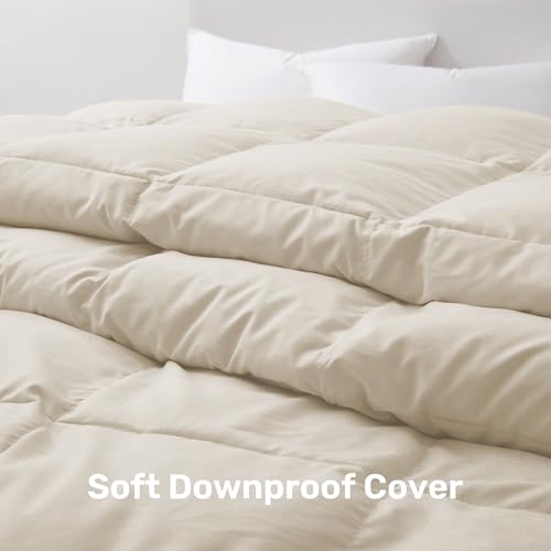 UNIKOME Goose Feather Down Fiber Comforter King Size, All Season Duvet Insert with Soft Downproof Cover, Cloud-Like Fluffiness Bed Comforters with Corner Tabs (King, Cream, 88"X104") UNIKOME