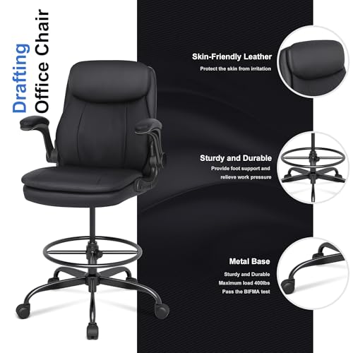 Misolant Drafting Chair, Tall Office Chair for Standing Desk, High Leather Executive Office Chair with Adjustable Height and Flip-up Armrest for Counter Height Desk Misolant