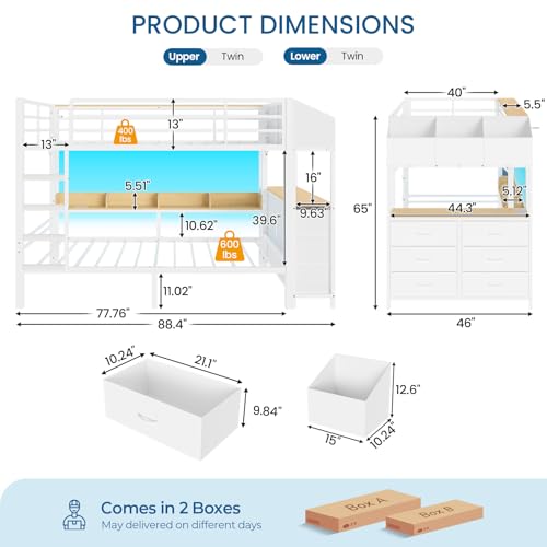 Twin Over Twin Bunk Bed with 6 Storage Drawers & 3 Boxes, Dual Side Shelves, Twin Bunk Beds for Kids with LED Lights and Charging Station, Heavy Duty Metal Bunk Bed with Safety Guardrail and Ladder mojiasion