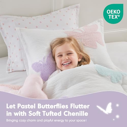Intelligent Design Kids Rio Full/Queen Comforter Set – Girls’ Reversible Tufted Chenille Bedding with Pastel Purple Butterflies and Pink Dot, 4pcs Intelligent Design