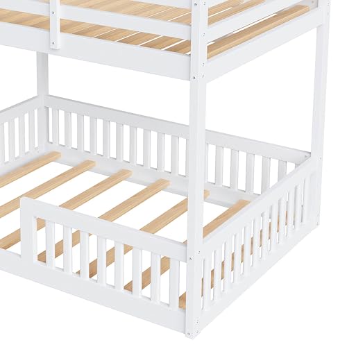 Bellemave Full Over Full Bunk Bed with Ladders Wood Bunk Beds with Full-Length Guardrails Floor Bunk Bed Frame for Kids, Boys, Girls, No Spring Box Needed, Pure White Bellemave