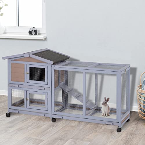 Wood Rabbit Hutch Rabbit Cage Bunny Hutch Rolling Large Bunny Cage Indoor Outdoor Two Story Guinea Pig Hutch Rabbit House with Wheels&Waterproof Roof,Grey BestPet