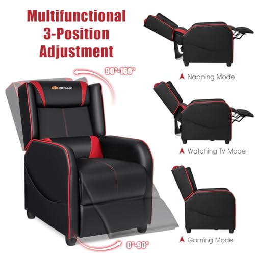 Goplus Massage Gaming Recliner Chair, Racing Style PU Leather Single Recliner Sofa with Footrest, Adjustable Modern Living Room Recliners, Ergonomic Home Theater Recliner Seat (Red)