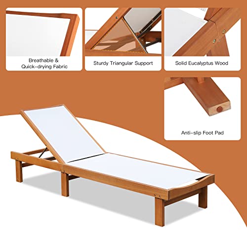 Tangkula Outdoor Wood Chaise Lounge Chair, Patio Chaise Lounger with 5-Postion Adjustable Back, Eucalyptus Wood Reclining Lounge Chair with Breathable Fabric for Poolside Lawn Backyard (1, White) Tangkula