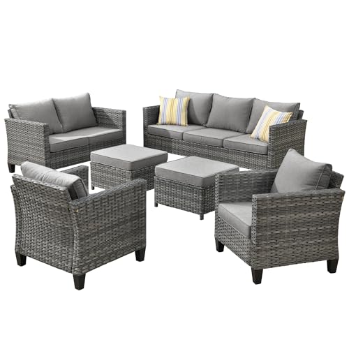 ovios Patio Furniture Set, 6 Pieces Outdoor Wicker Rattan Sofa Couch with Loveseat, Ottomans and Cpmfy Cushions, All Weather High Back Conversation Set Garden Backyard, Dark Grey ovios